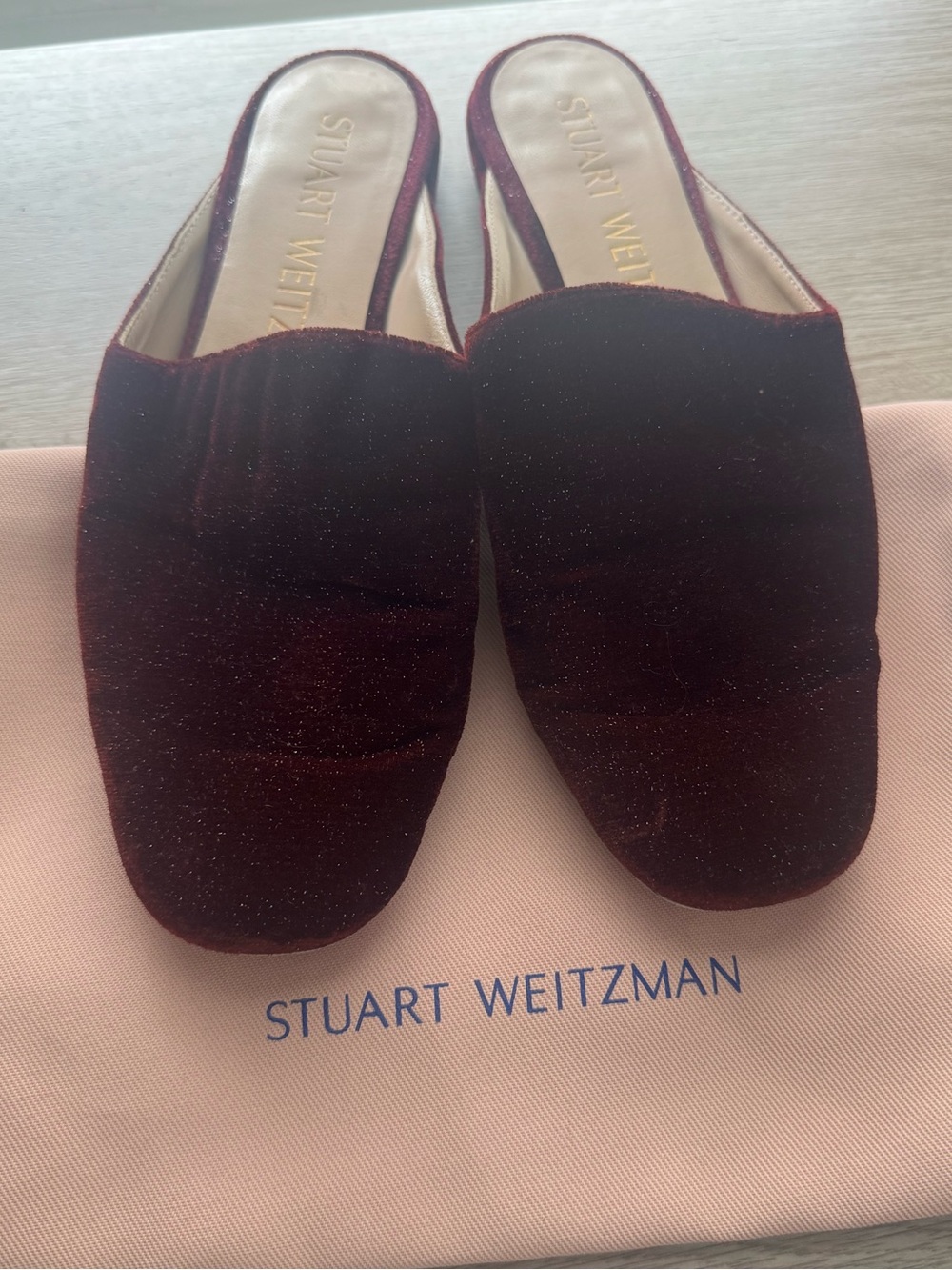 Stuart Weitzman Wine Velvet Sparkle Mulearky Slip-On Mules